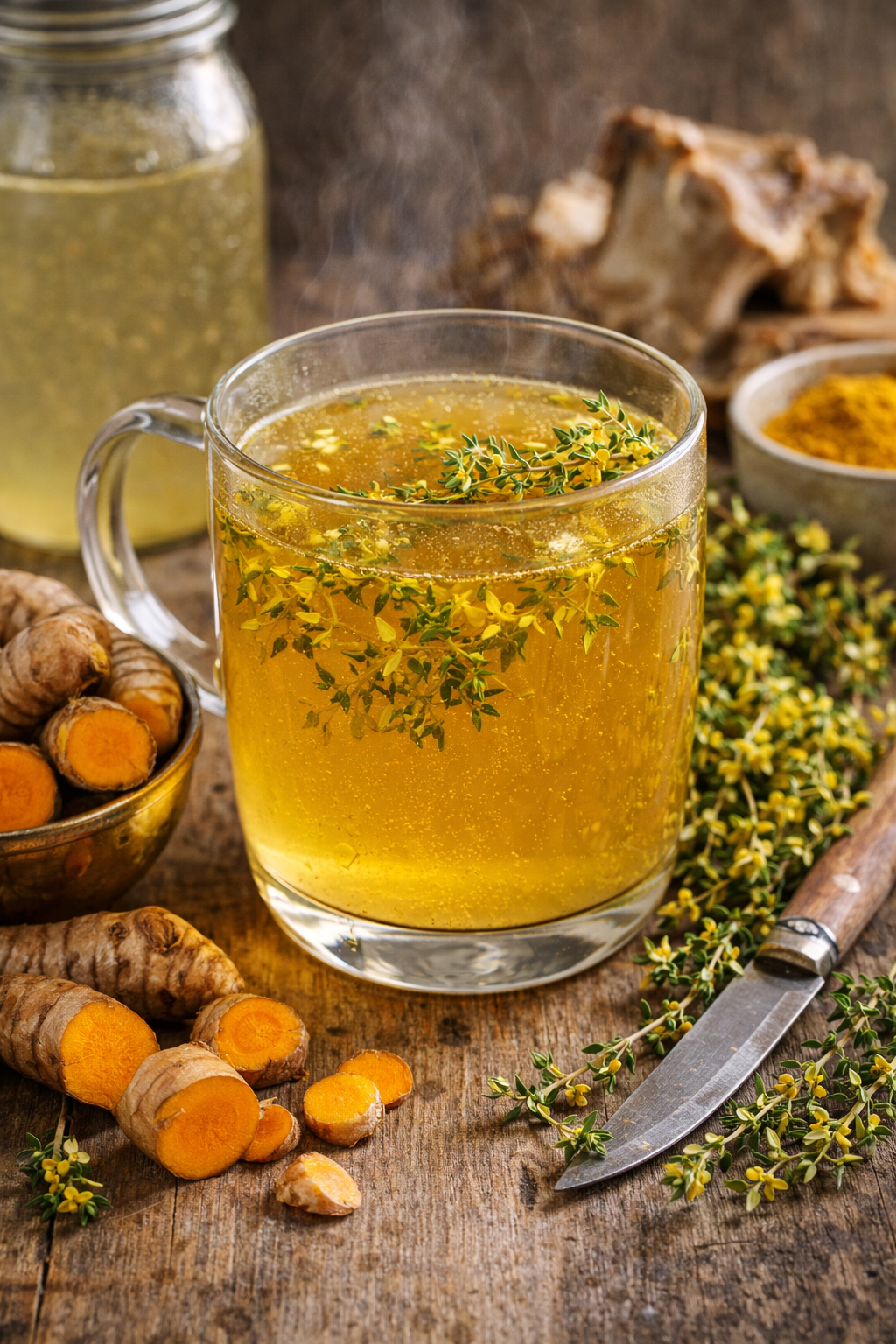 BONE BROTH WITH TURMERIC ROOT AND GARDEN THYME