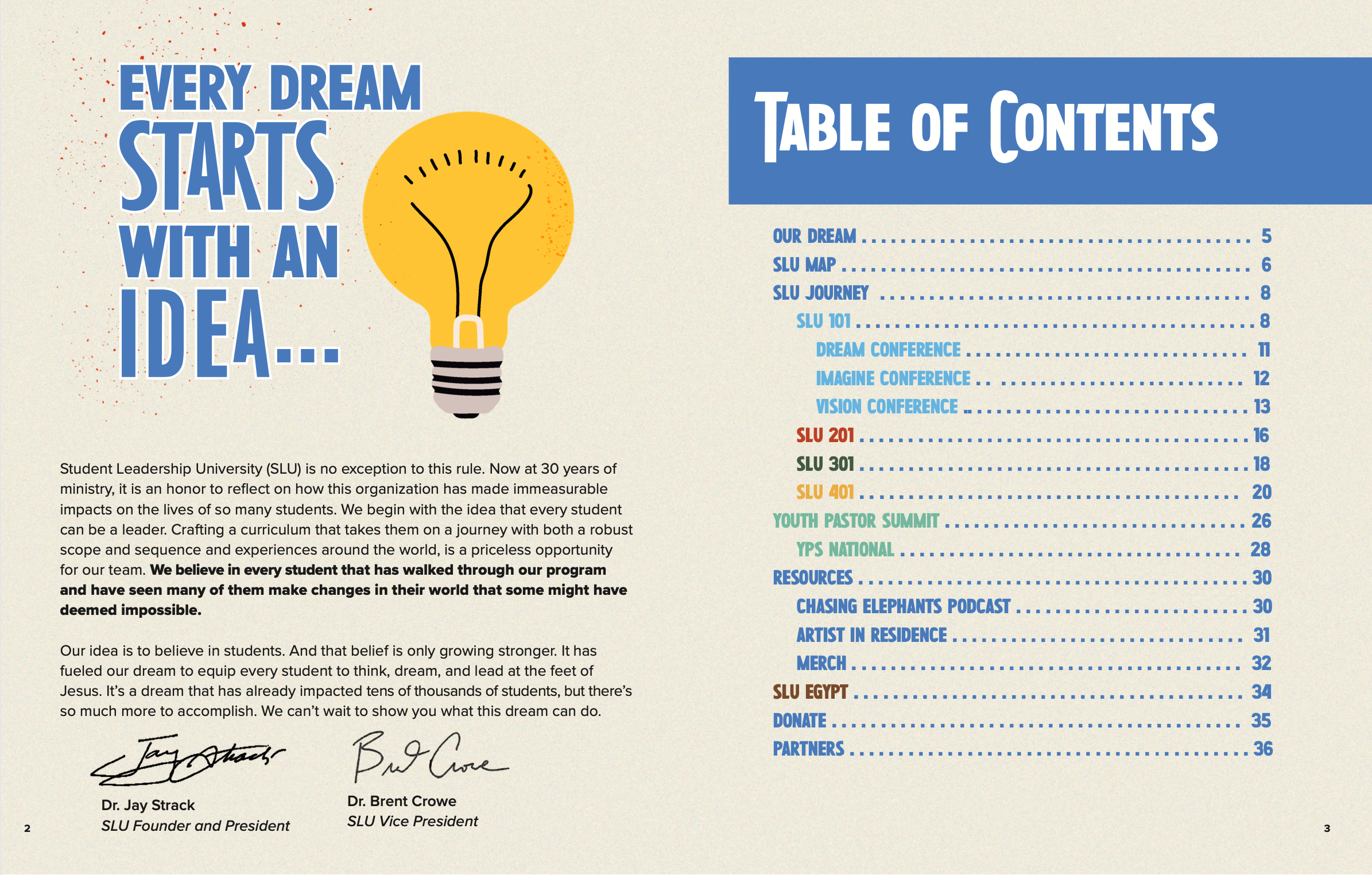 A two-page spread of a booklet featuring a lightbulb graphic with a yellow background and the headline "Every Dream Starts With An Idea..." on the left page. The right page contains a table of contents with sections, page numbers, and some highlighted in different colors.
