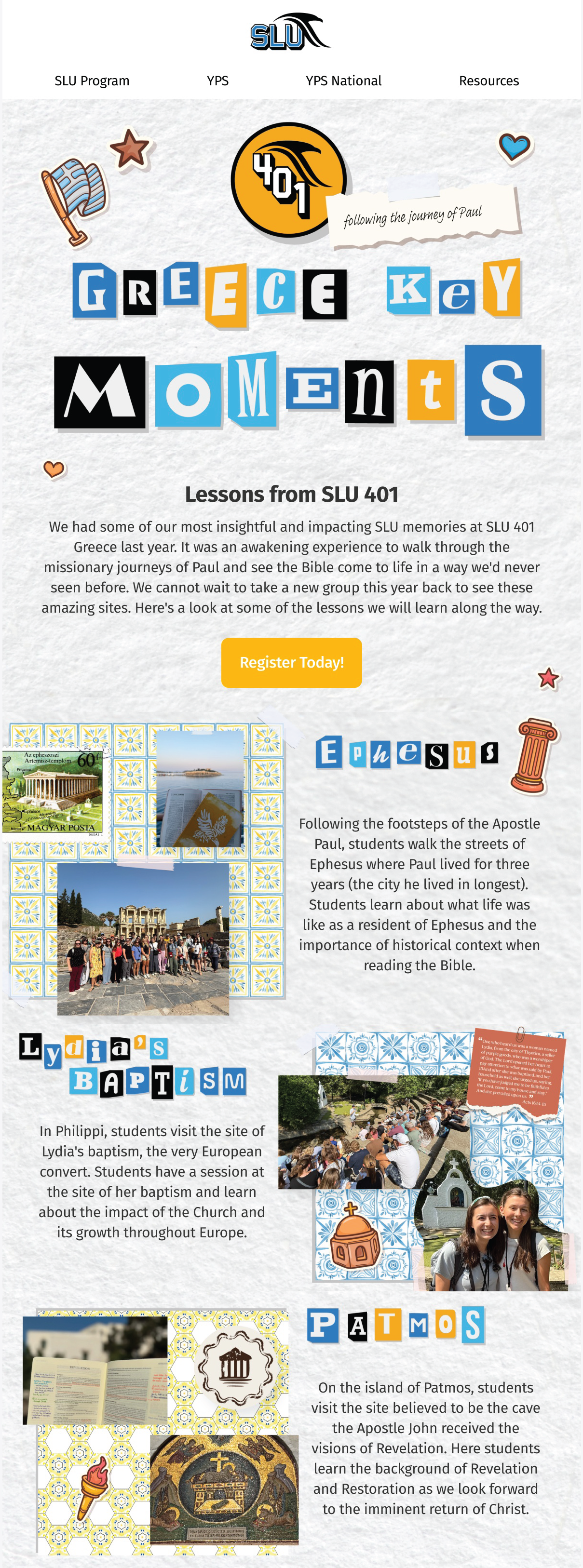 An informational poster about a religious Greek heritage program called 'Greece Key Moments' by SLU. It features decorative elements, photos of historical sites and student activities, and text describing lessons from Bible history, including visiting Ephesus, Lydia's baptism site, and Patmos.