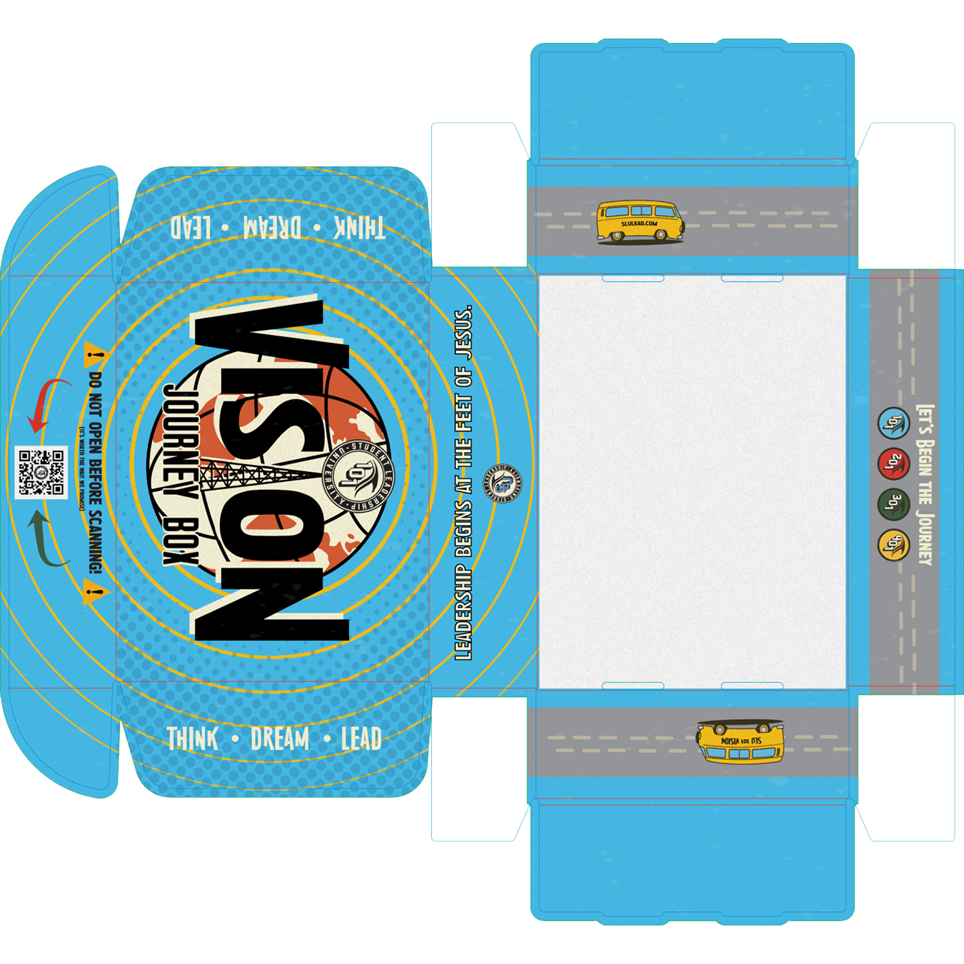 Colorful cardboard cube with a design featuring the logo of a devotional program called "Journey 101" for a university, with the university's logo in the center, and phrase "Leadership begins at the feet of Jesus" around it. The cube has road and vehicle graphics, including yellow buses and a QR code, with slogans like "Think, Dream, Lead" and "Let's begin the journey".