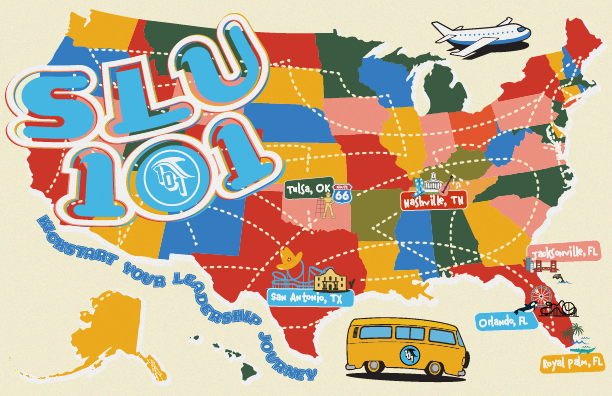 Map of the United States with colorful states, Route 66 highlighted, and icons of a plane, bicycle, and yellow van. Locations marked include Nashville, TN; Tampa, FL; Orlando, FL; Cleveland, OK; San Antonio, TX; and Royal Palm, FL.