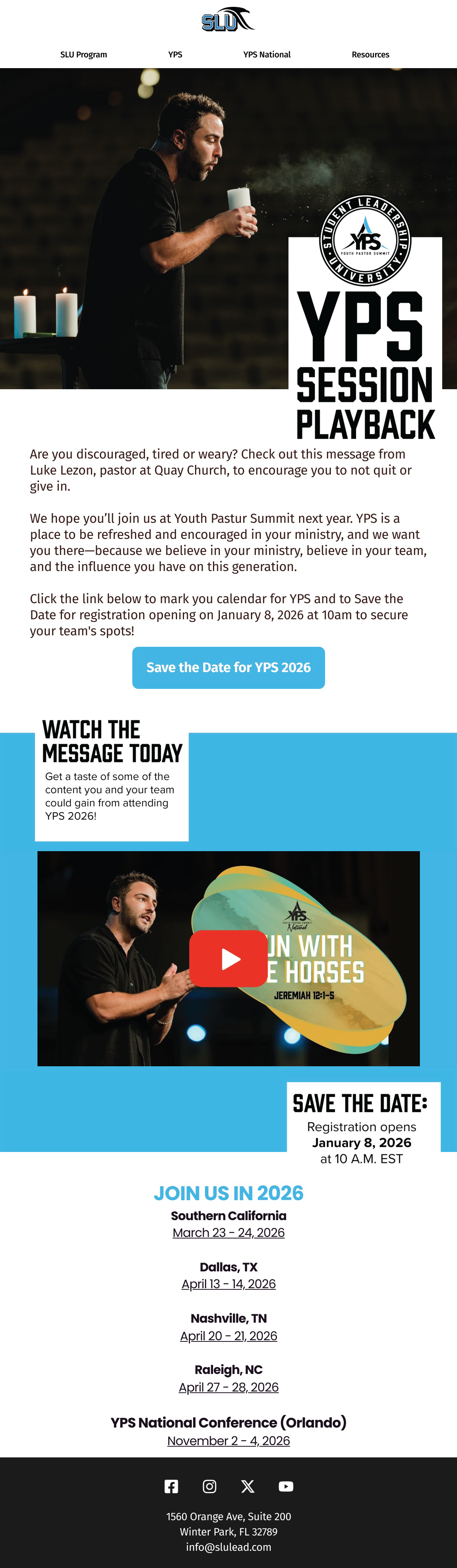 Promotional flyer for Youth Pastor Summit (YPS) 2026 with a picture of a man speaking, holding a glass, and candles in the background. Includes details about registration, dates, locations, and a motivational message from Luke Lezon at Quay Church.