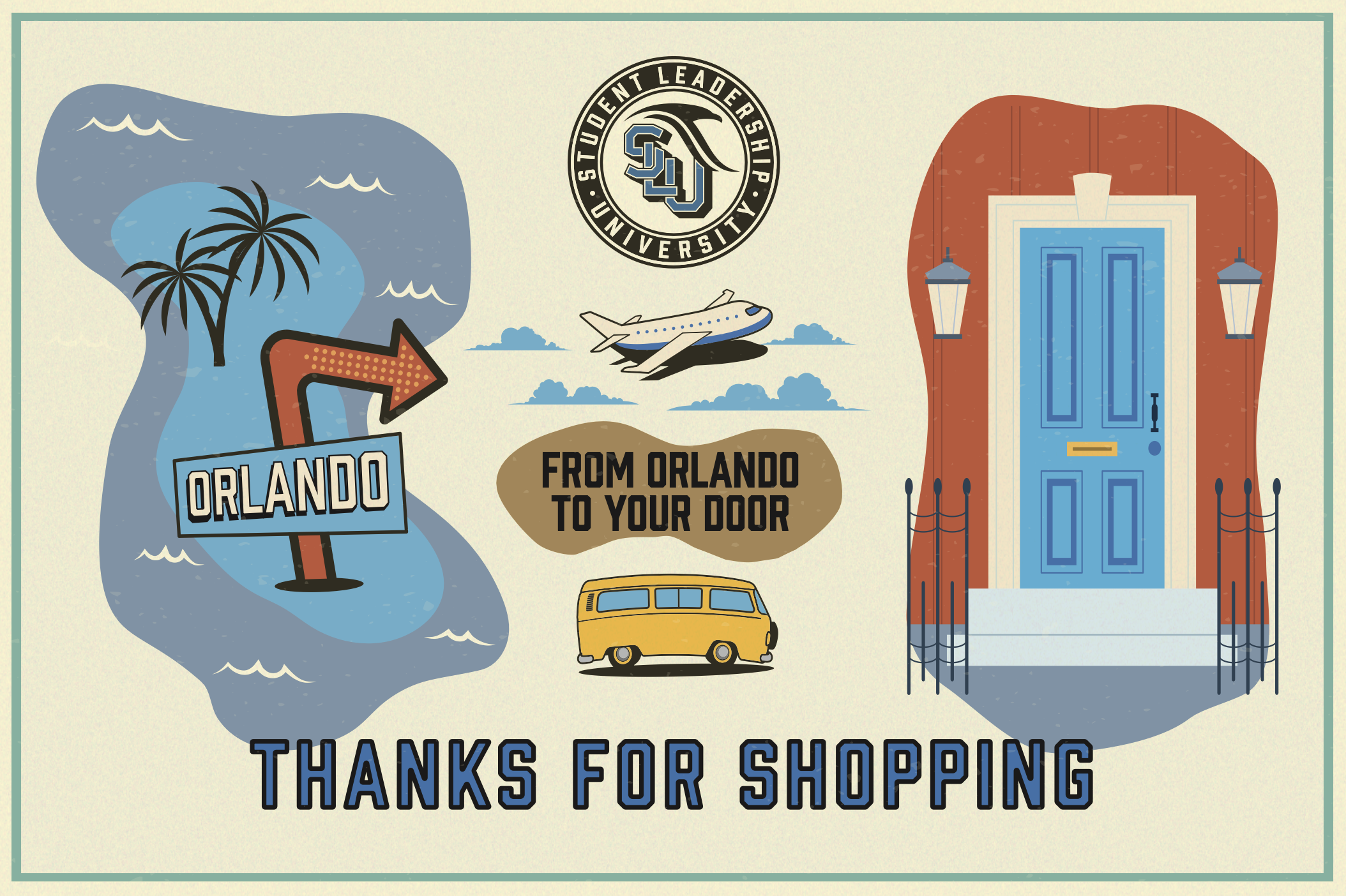 A graphic of an Orlando theme with a palm tree, a sign with an arrow, a plane, a yellow van, and the text "From Orlando to your door". A house door with a blue door and two lamps. The text "Thanks for shopping" at the bottom.