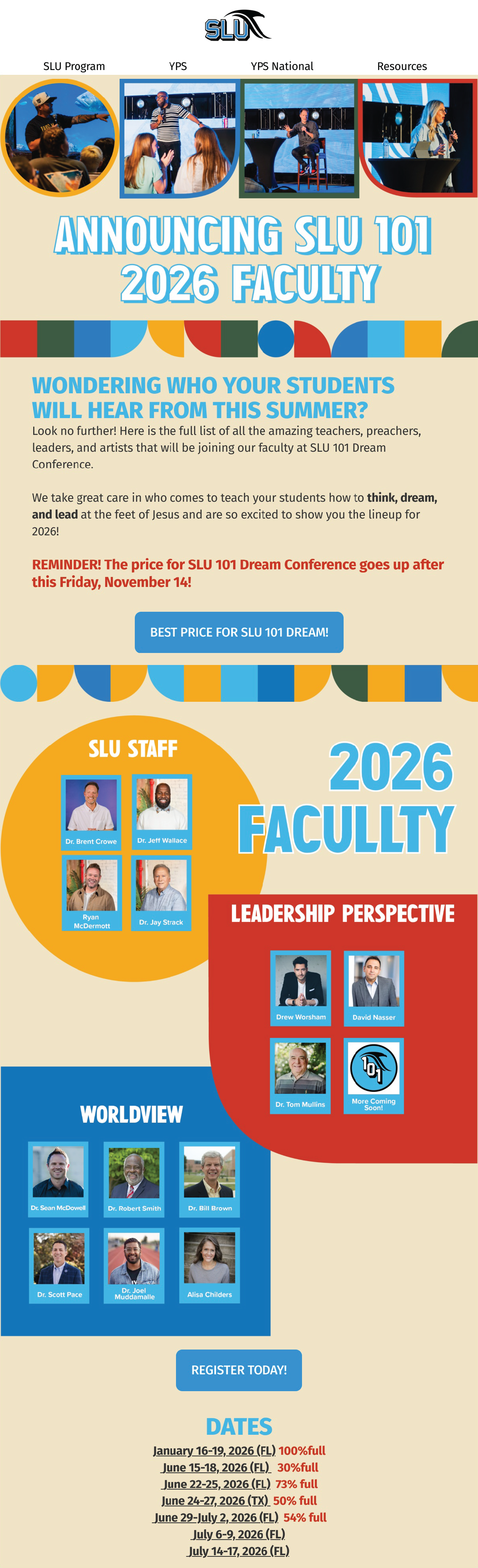 A colorful promotional flyer for the SLU 101 2026 Faculty Conference featuring images of speakers, staff, and leadership, with dates and registration information.