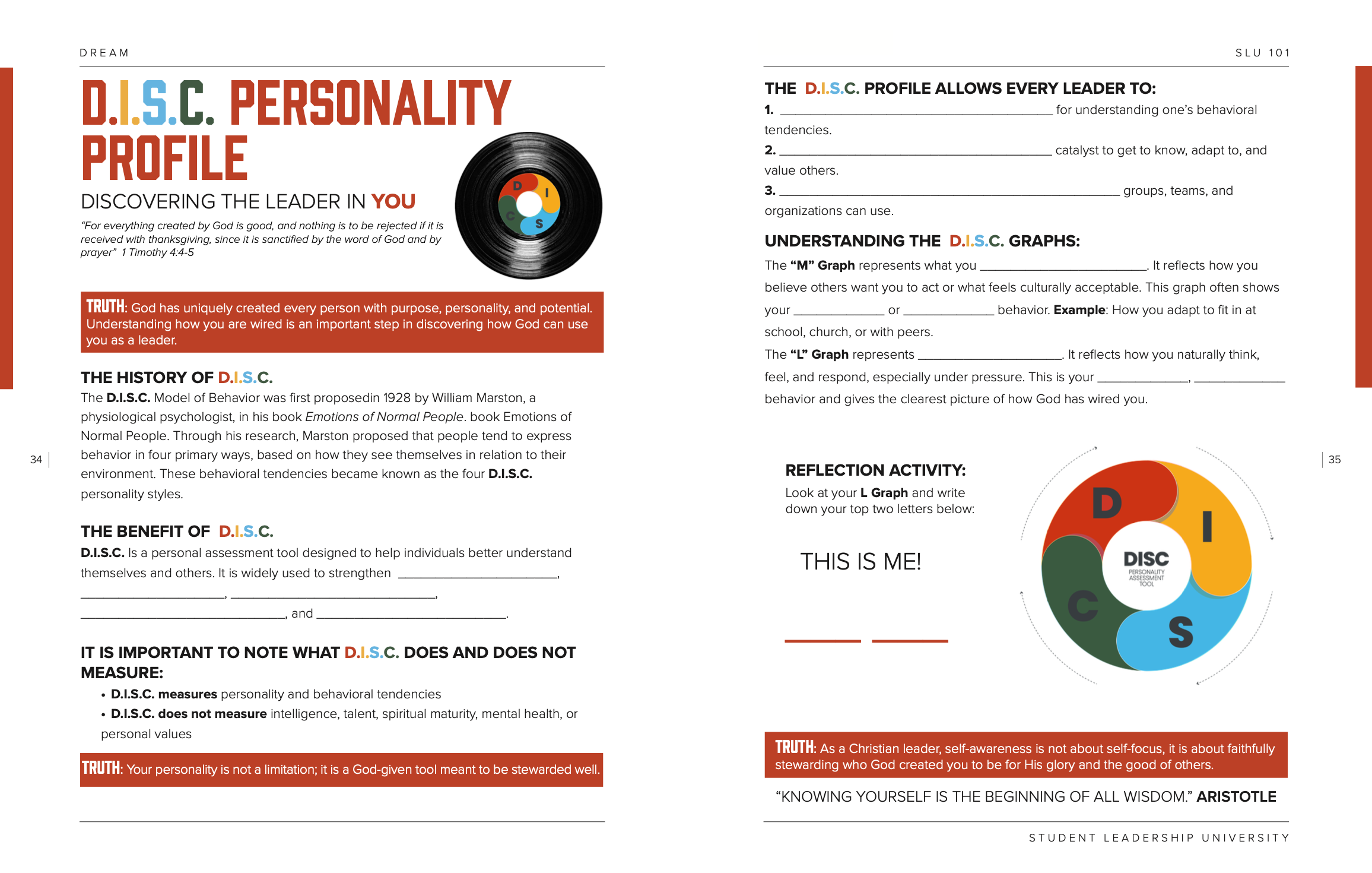 Two-page worksheet about the D.I.S.C. personality profile, including explanations, graphs, and reflection activities with colorful sections and a vinyl record illustration.