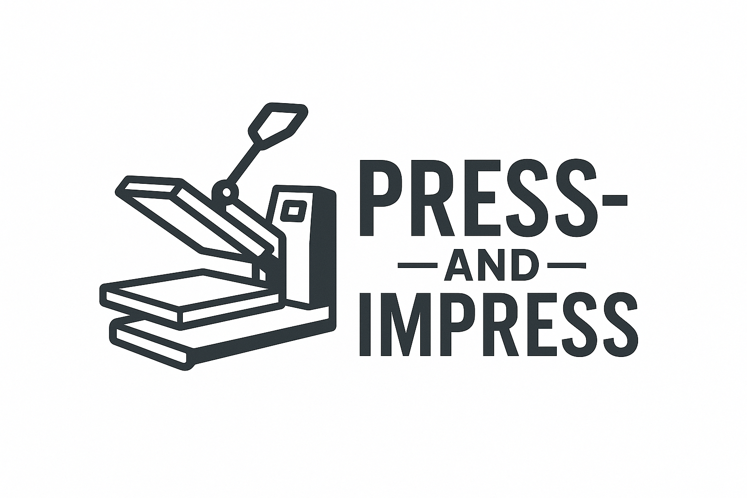 A line drawing of a rubber stamp with a handle, accompanied by the text 'Press and Impress' in bold letters.