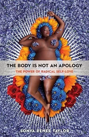 Sparkling blue book cover with flowers in the centre and a naked black woman with flowers upon her, with black and red text.