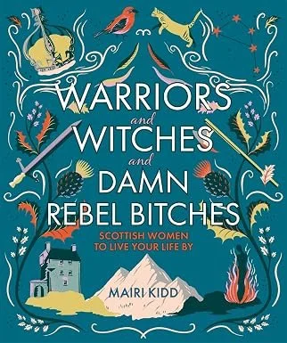 blue book with illustration of witch-themed designs and sand colour text