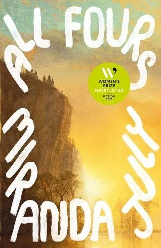 Illustration of a yellow sunset over cliffs with white text.