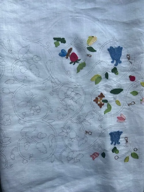 Elizabethan coif in progress, exploring unfamiliar construction methods and embroidery techniques.