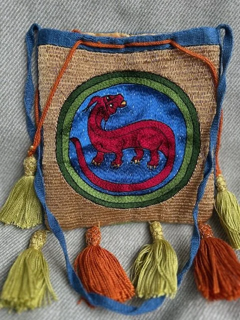 Opus Anglicanum alms purse, reverse face. Silk embroidery showing alternate patterning and stitch direction.