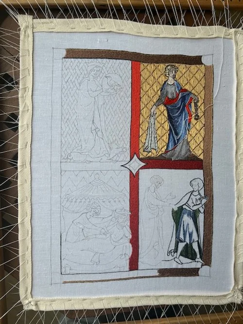 Opus Anglicanum panel in progress, showing partial completion and remaining design layout prior to stitching.
