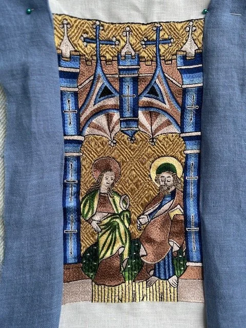 Opus Anglicanum panel using silk and metal thread embroidery, employing underside couching in gold passing thread.