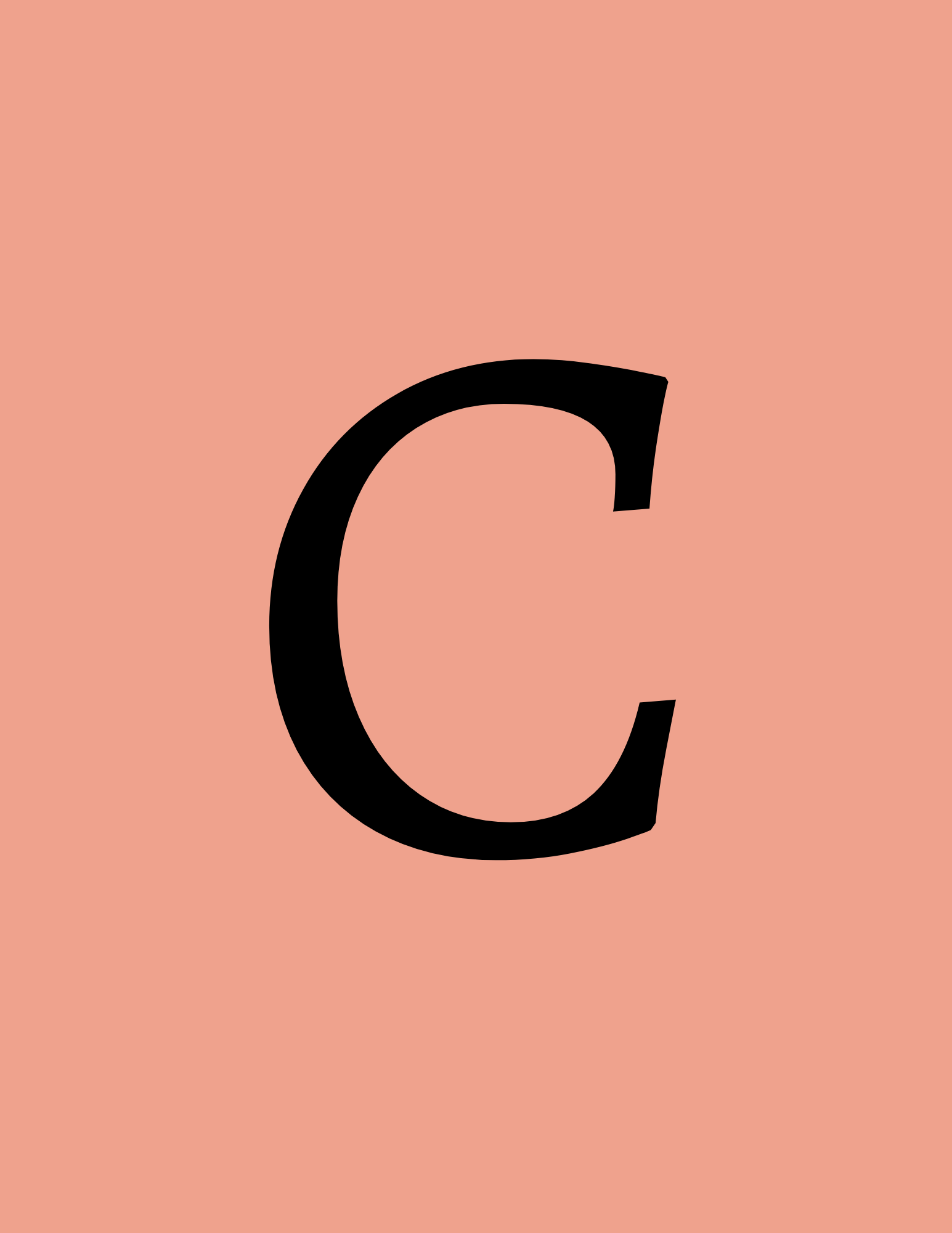 Close-up of a large black letter C on a peach-colored background.