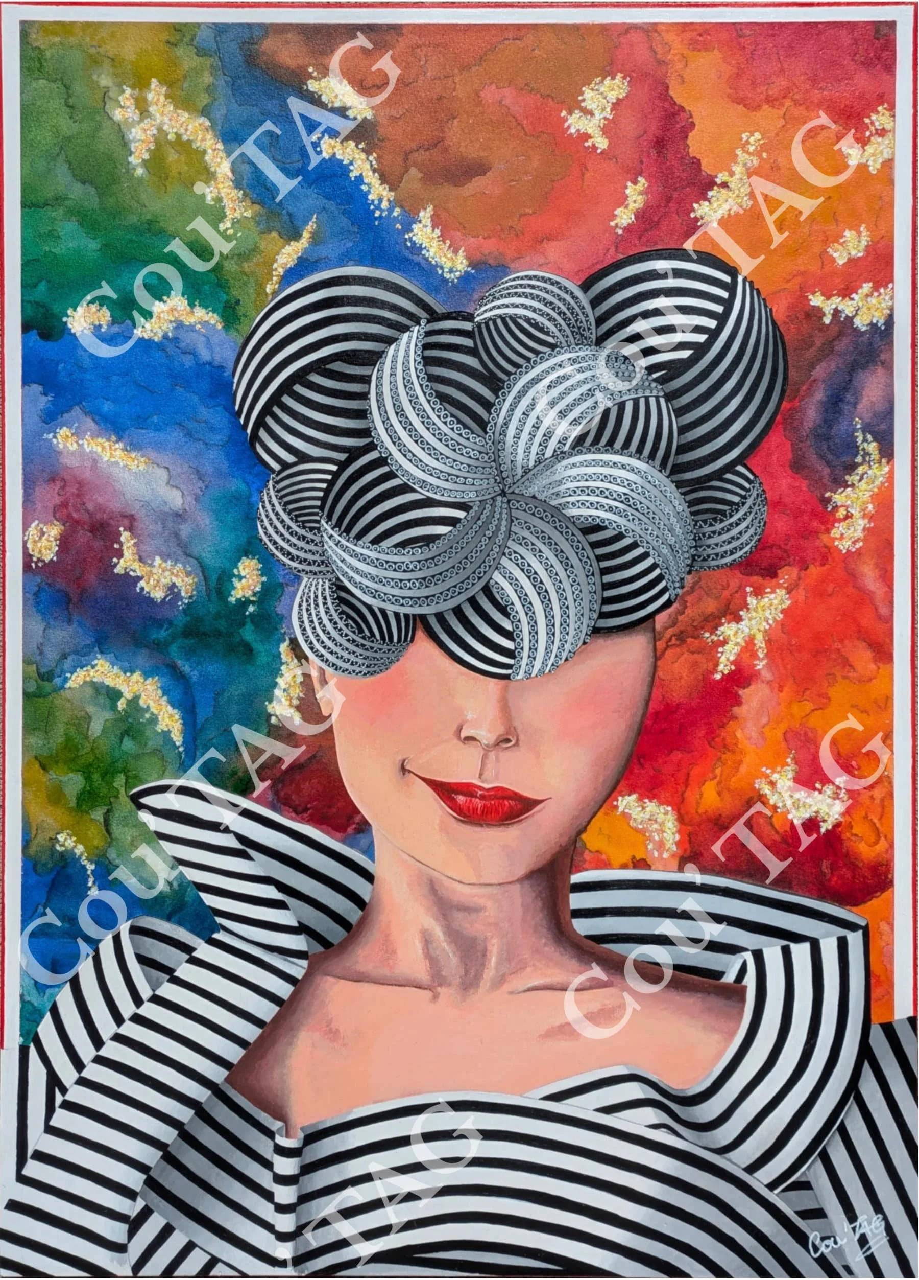 œuvre originale "ET SI..." de Caroline BRUNET (Cou'TAG), représentant un visage féminin sur fond coloré abstrait avec motifs géométriques noir et blanc