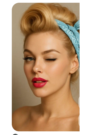 Portrait d'une femme à la coiffure rétro inspiré des pin-up des années 50, avec des boucles blondes relevées et un foulard bleu. Photographie ayant inspirée la coiffure du personnage de Cadeau d'un instant de Cou'TAG.