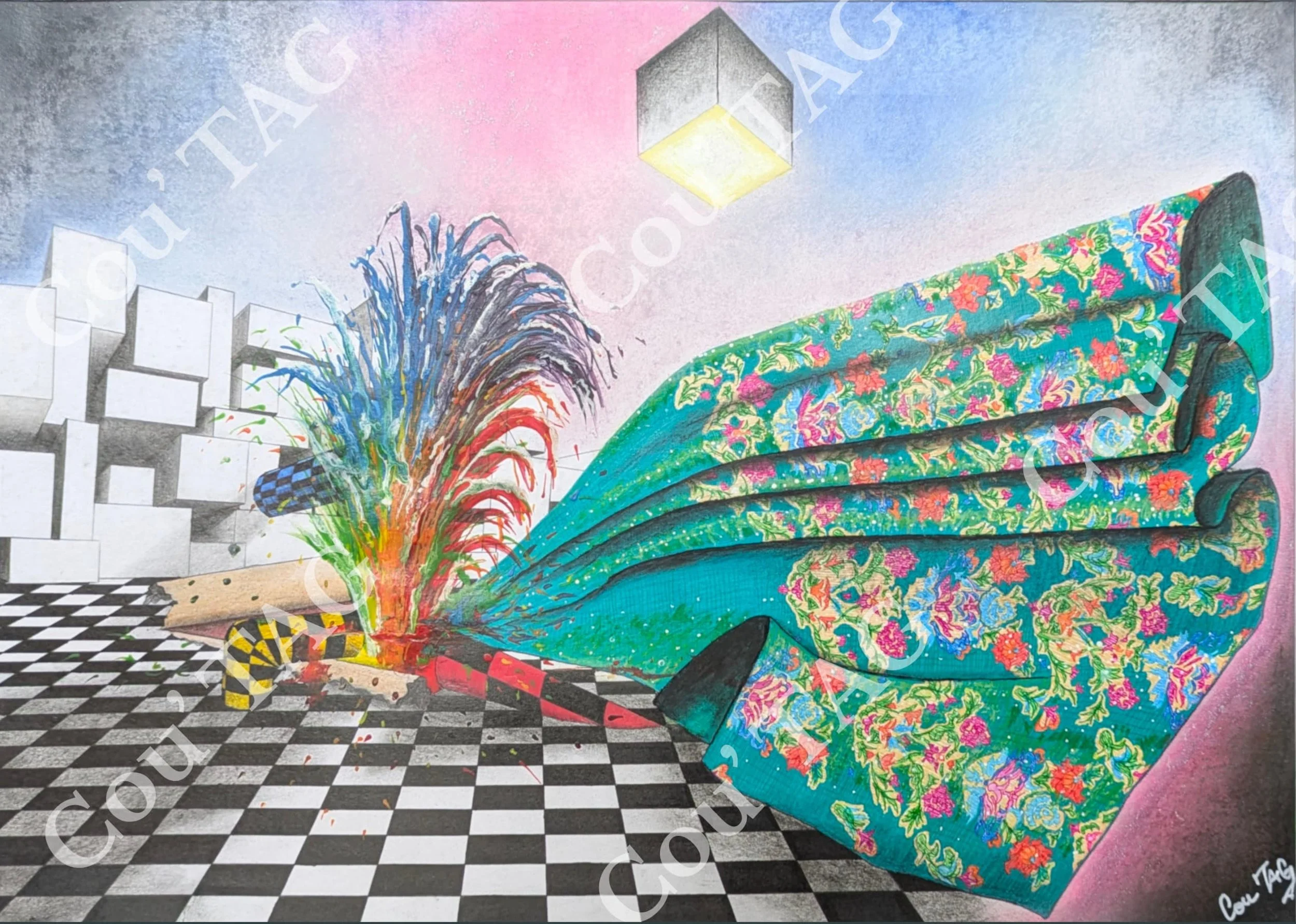 Peinture originale « Alliance », composition picturale mêlant motif textile fleuri, formes colorées et espace graphique en perspective noir et blanc.