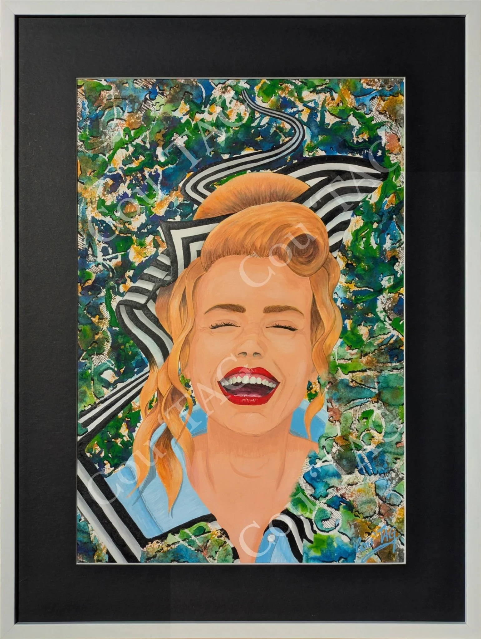 Cadeau d'un instant, œuvre originale Cou'TAG, représentant une femme avec un grande sourire savourant un instant de liberté entourée de lignes géométrique sur fond abstrait.