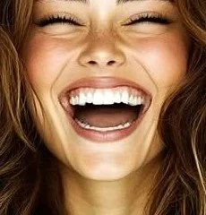 Gros plan sur le sourire spontané d'une femme blonde, les yeux fermés et la bouche ouverte. Photographie ayant inspiré l'œuvre Cadeau d'un instant Cou'TAG.