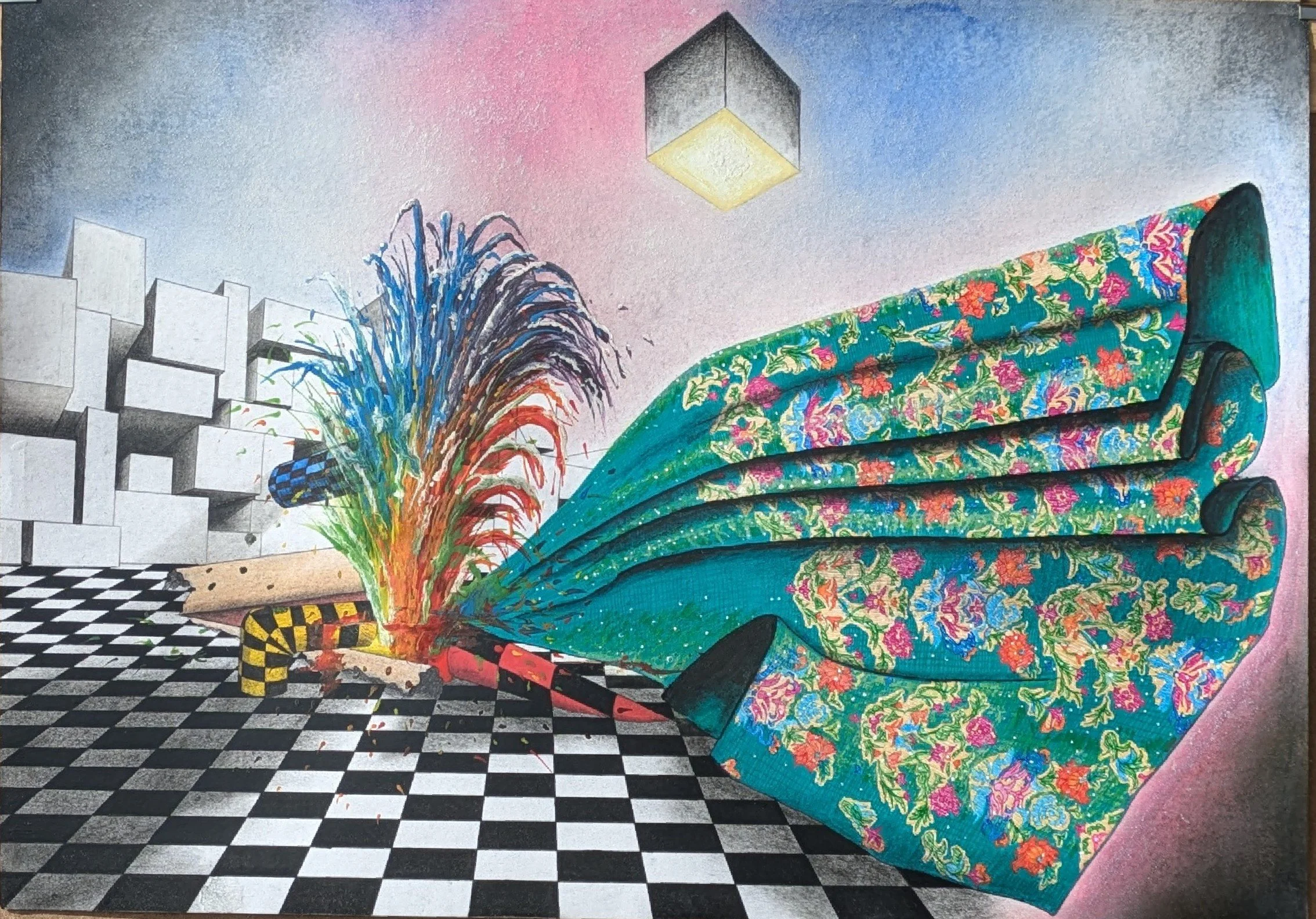 Peinture originale « Alliance », composition picturale mêlant motif textile fleuri, formes colorées et espace graphique en perspective noir et blanc.