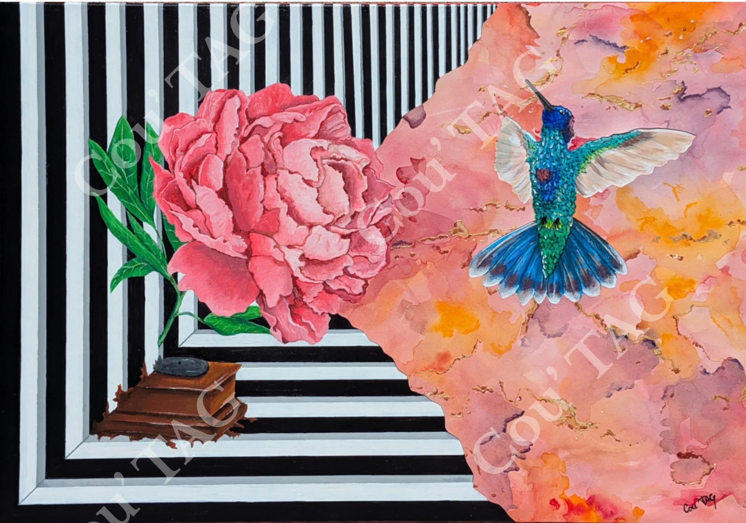 Peinture originale « Transition », composition abstraite mêlant lignes graphiques et aplats colorés, évoquant un passage et une transformation.