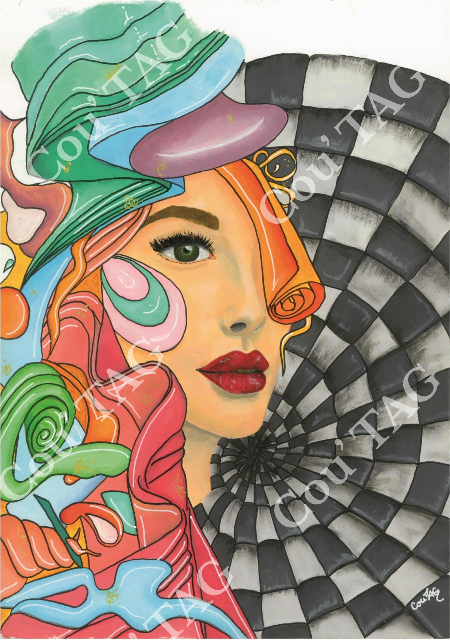 Peinture originale « Bienvenue », composition picturale colorée associant formes graphiques et gestes libres sur papier.