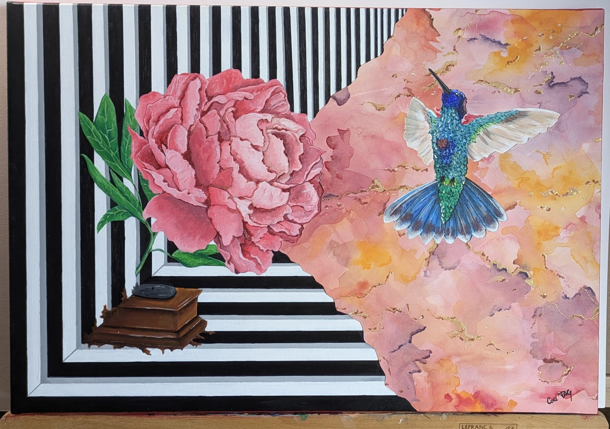 Peinture originale « Transition », composition abstraite mêlant lignes graphiques et aplats colorés, évoquant un passage et une transformation.