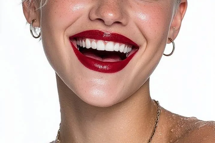 Gros plan sur le sourire éclatant d'une femme aux lèvres rouges, photographie ayant inspiré l'œuvre Cadeau d'un instant de Cou'TAG.