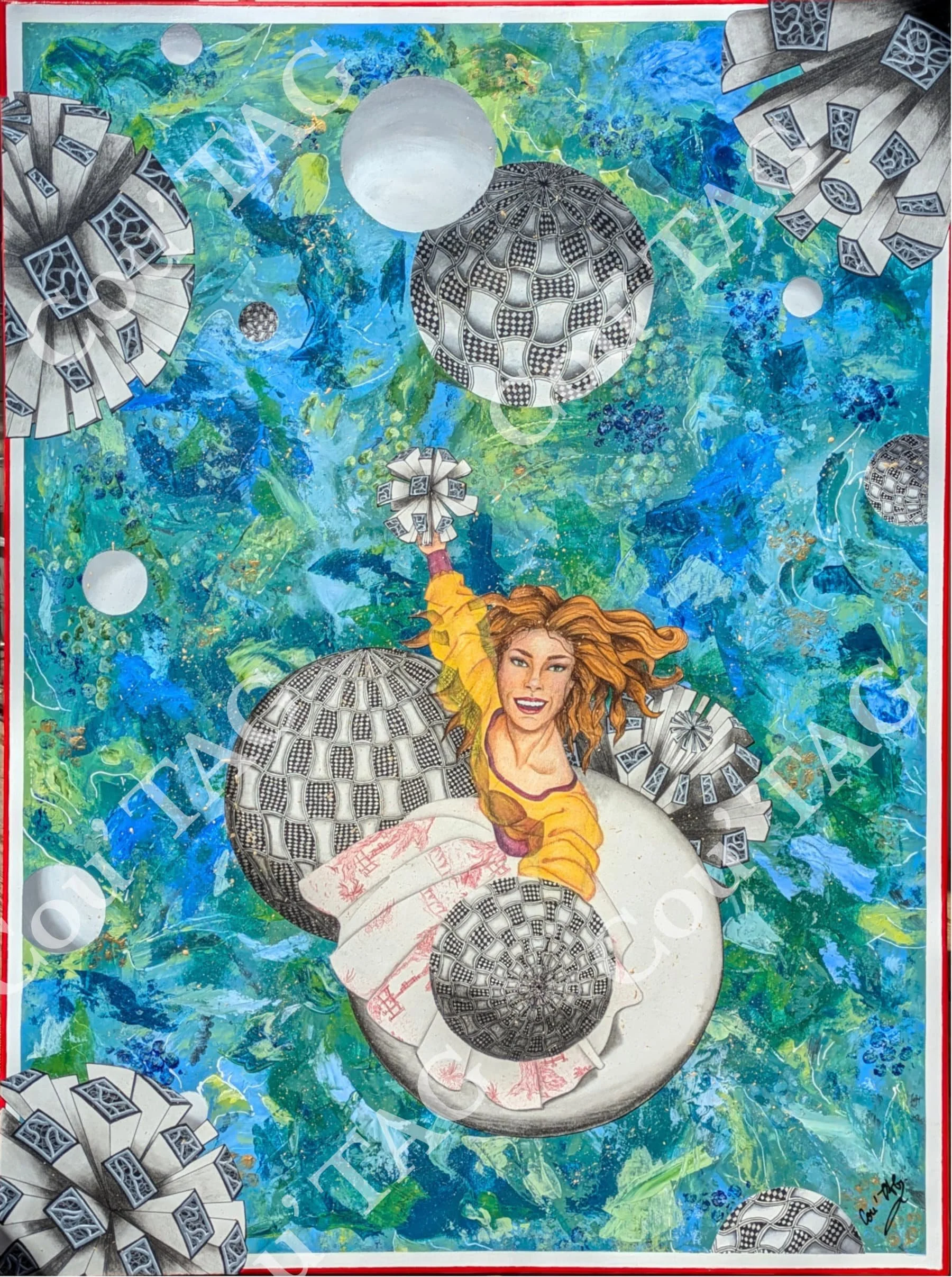 Œuvre PARTAGE de Caroline BRUNET mêlant personnage, sphères géométriques et fond abstrait coloré
