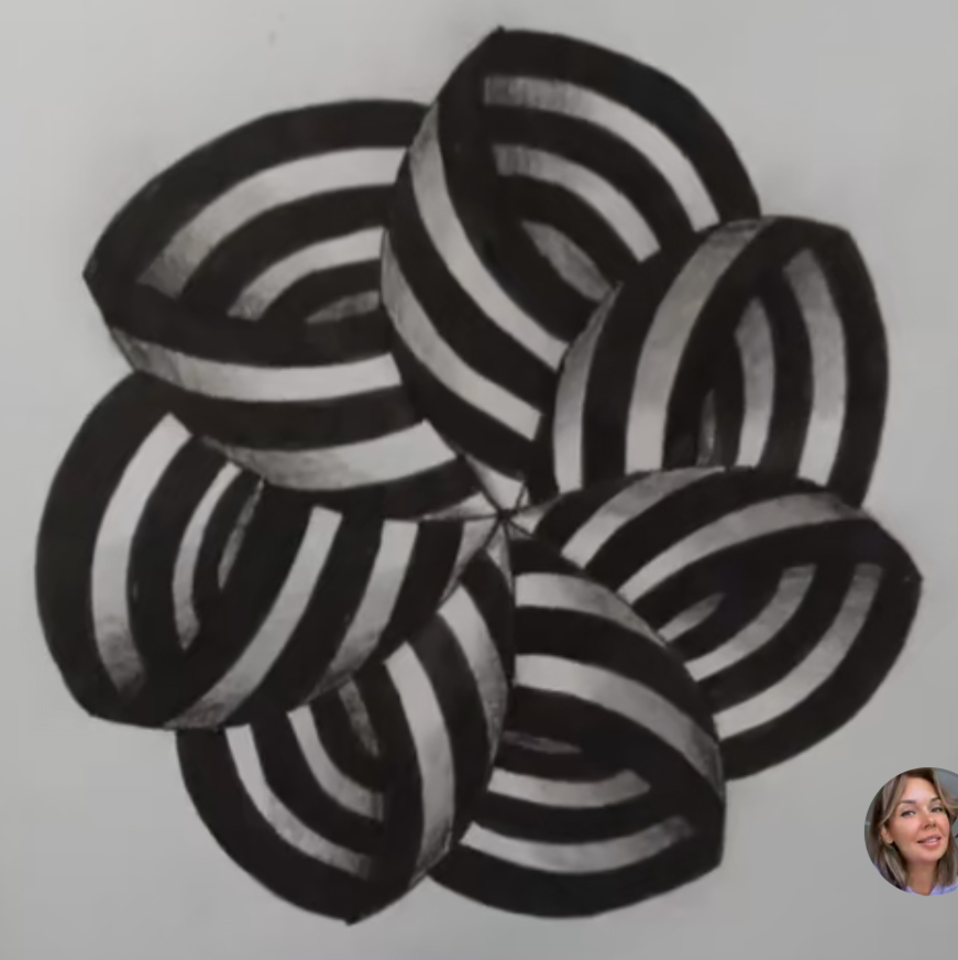Composition graphique abstraite en noir et blanc, formes circulaires entrelacées avec bandes alternées, créant un effet de volume, de rythme et de répétition optique.