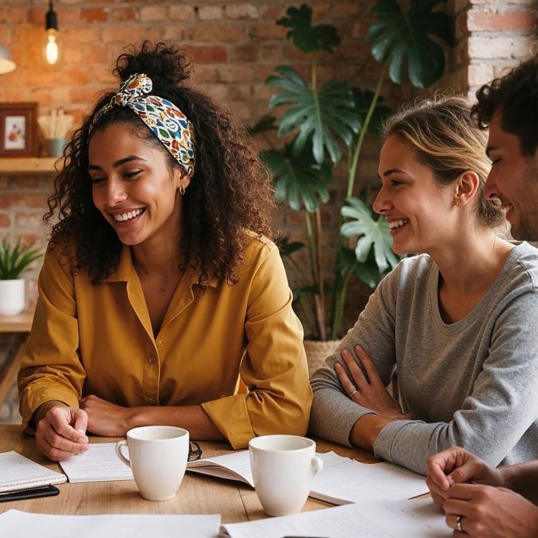 Groupe de personnes souriantes discutant autour d'une table en intérieur avec des plantes vertes et un mur en briques de fond.