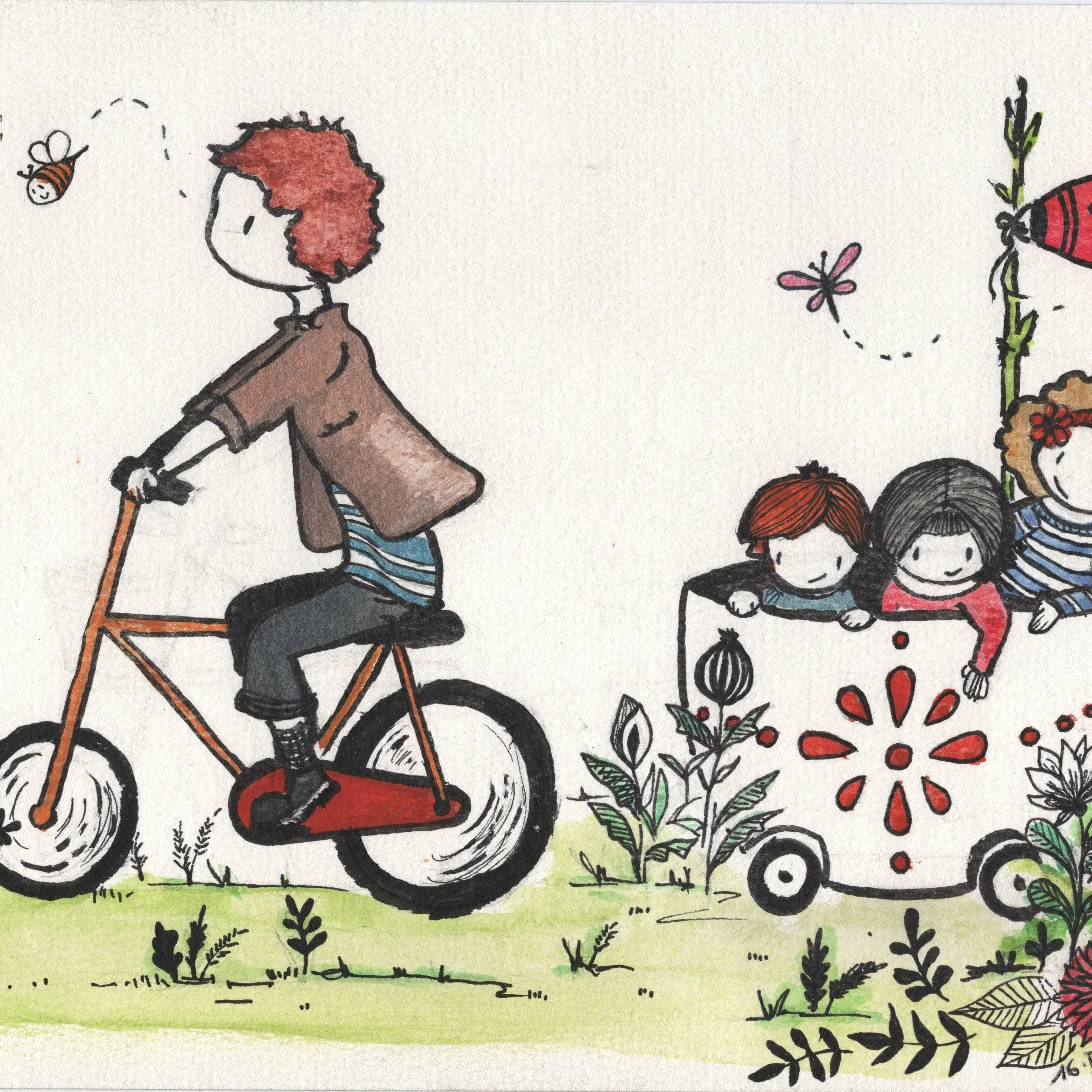 Dessin illustrant une scène de jardin avec une femme à vélo, entourée de fleurs et de plantes. La scène est colorée à l'aquarelle avec un style enfantin.