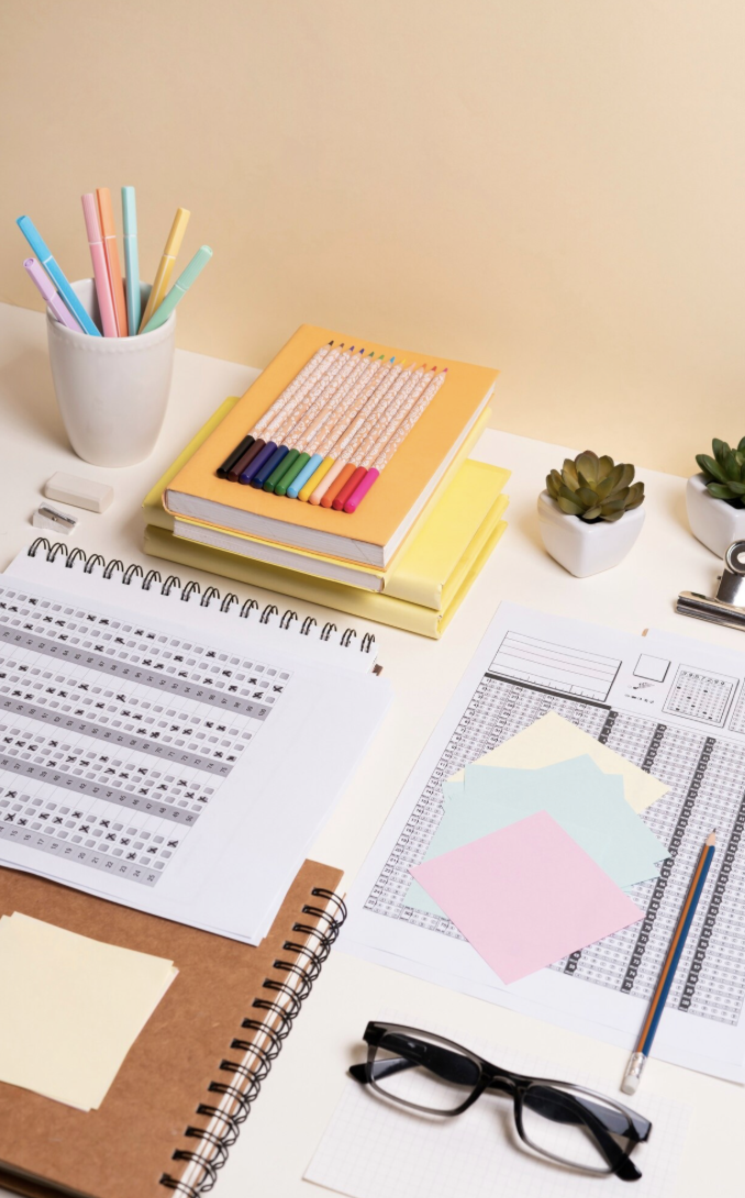 Bureau avec des fournitures de bureau, incluant des marqueurs, des livres, des papiers de couleurs, une paire de lunettes et des plantes grasses en pots blancs.
