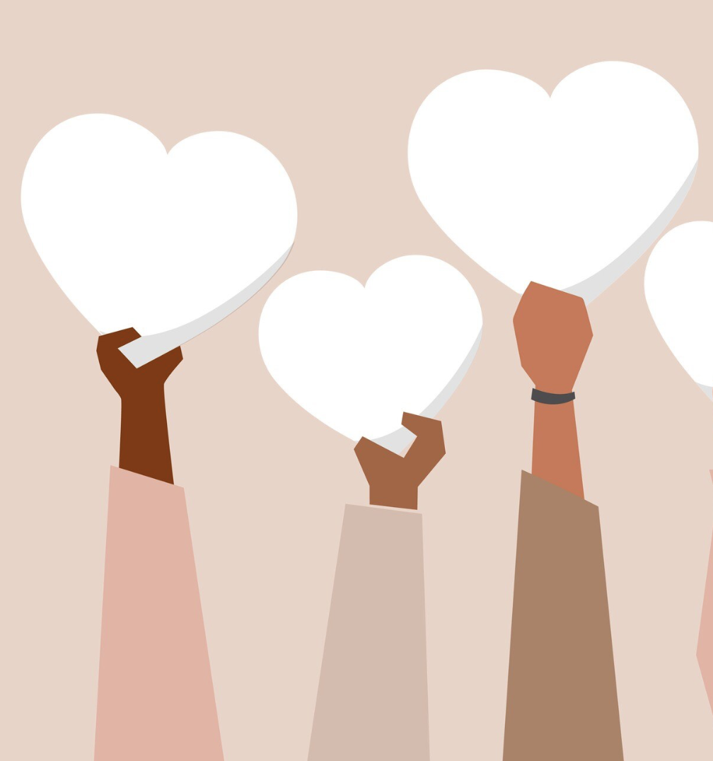 Illustration de plusieurs mains de différentes couleurs tenant des cœurs blancs en forme de nuage symbolisant l'amour et la diversité.