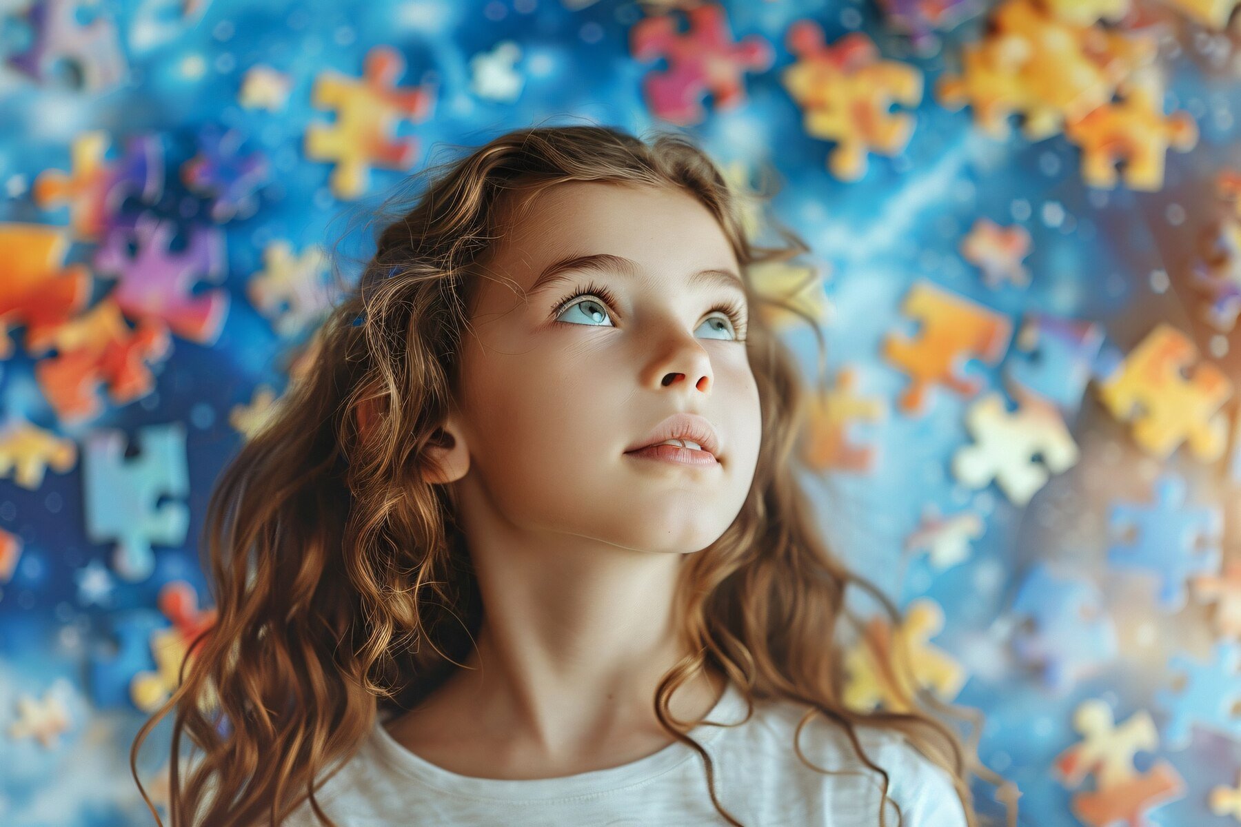 Jeune fille aux cheveux longs et bouclés, regardant vers le haut, entourée de pièces de puzzle colorées.