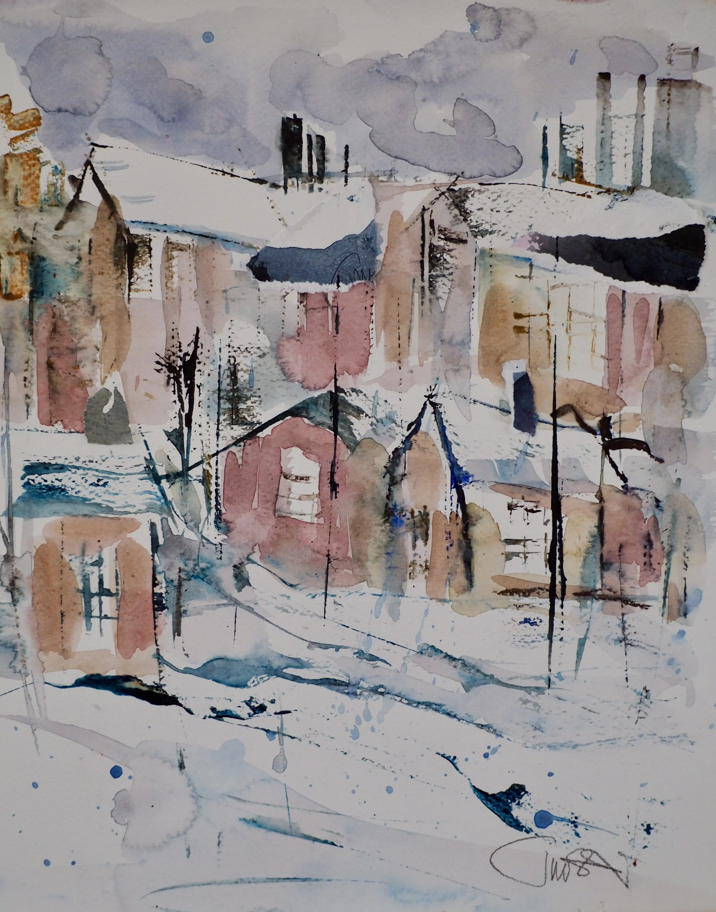 Watercolor painting of a snowy cityscape showing houses, telephone poles, and smoke from chimneys under a cloudy sky.