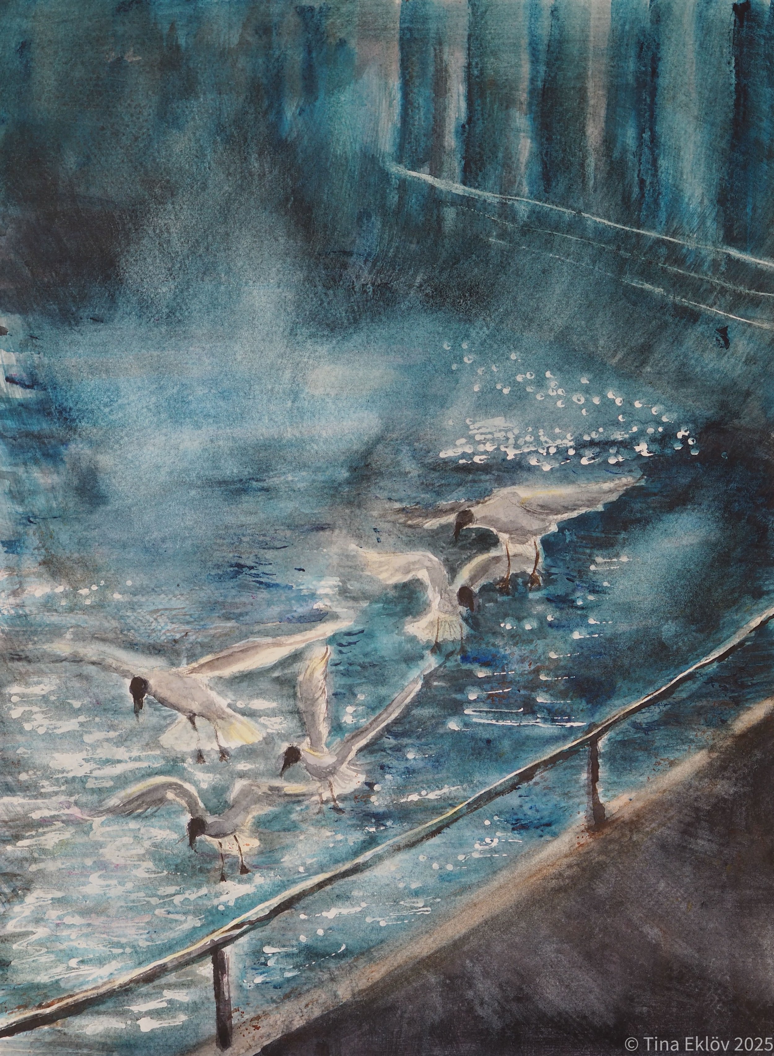 A watercolor painting of a group of seagulls flying over the water near a concrete edge, with water splashing and a railing in the foreground.