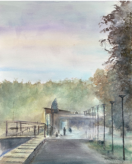 Watercolor painting of a park pathway with trees, lampposts, a bridge and a building in the misty distance, under a sunrise sky.