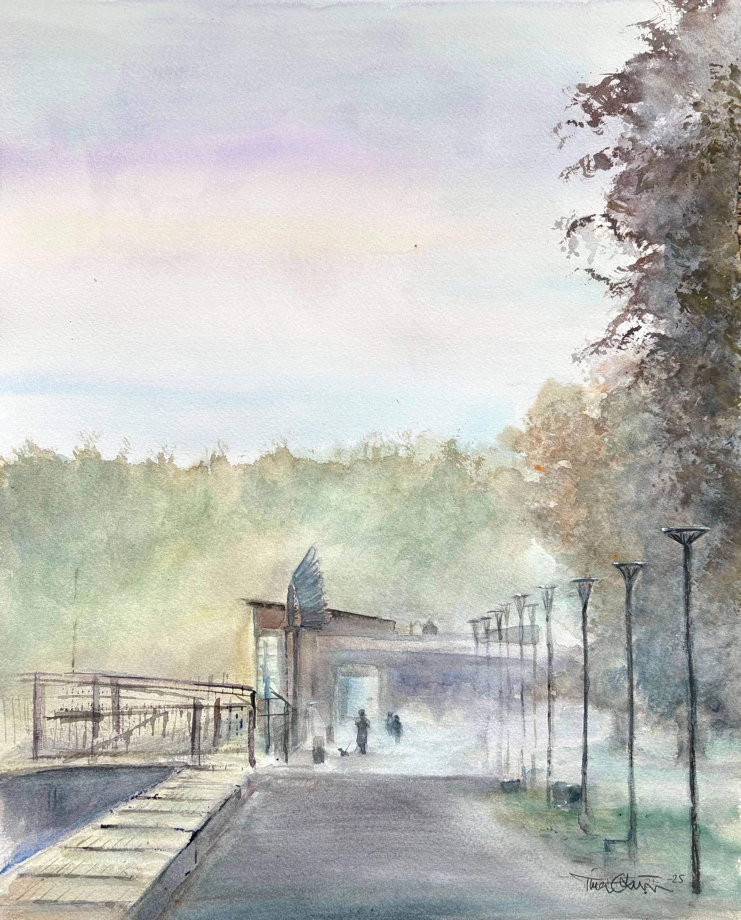 Watercolor painting of a park entrance with a pathway, trees, and people in the distance, under a colorful sky.