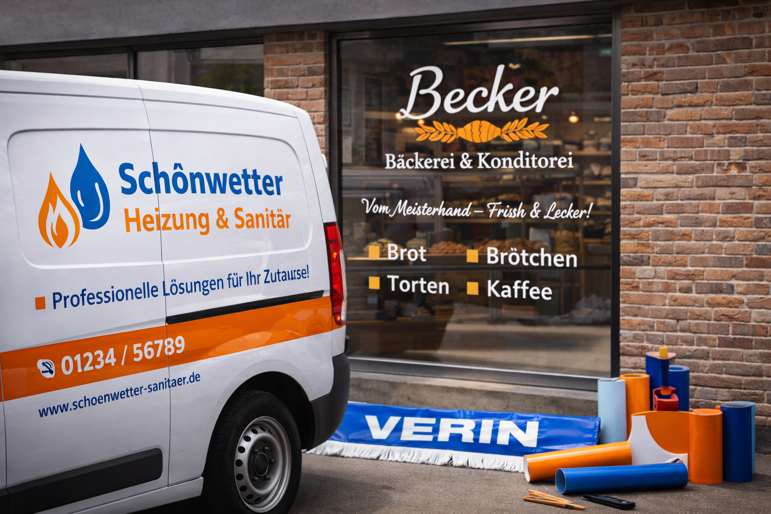 Ein Lieferwagen für Schönwetter Heizung & Sanitär steht vor einem Laden mit einem großen Schaufenster. Das Schaufenster weist die Werbung für eine Bäckerei und Konditorei namens Becker auf, die frische Backwaren wie Brot, Brötchen, Torten und Kaffee anbietet. Neben dem Laden sind Farbfolien in verschiedenen Farben und eine blaue Plane mit dem Wort »VERIN« zu sehen.
