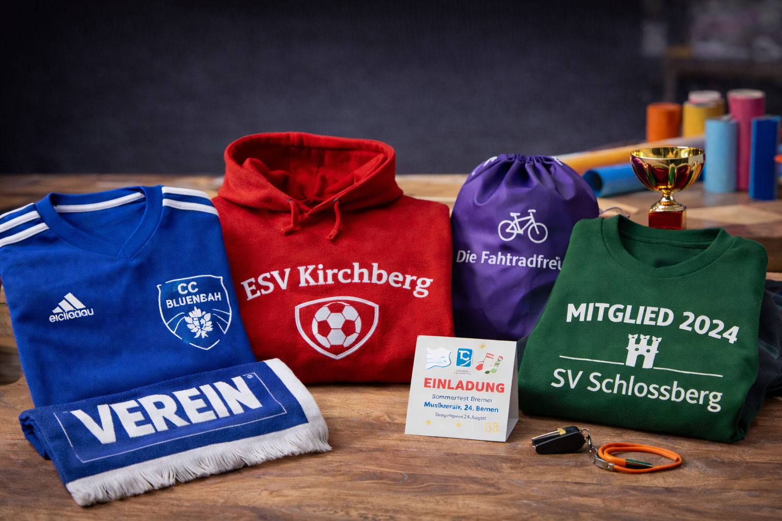 Verschiedene Vereins- und Sportbekleidung auf einem Holztisch, inklusive T-Shirts, Hoodies, Handtuch, Beutel und Pokal.