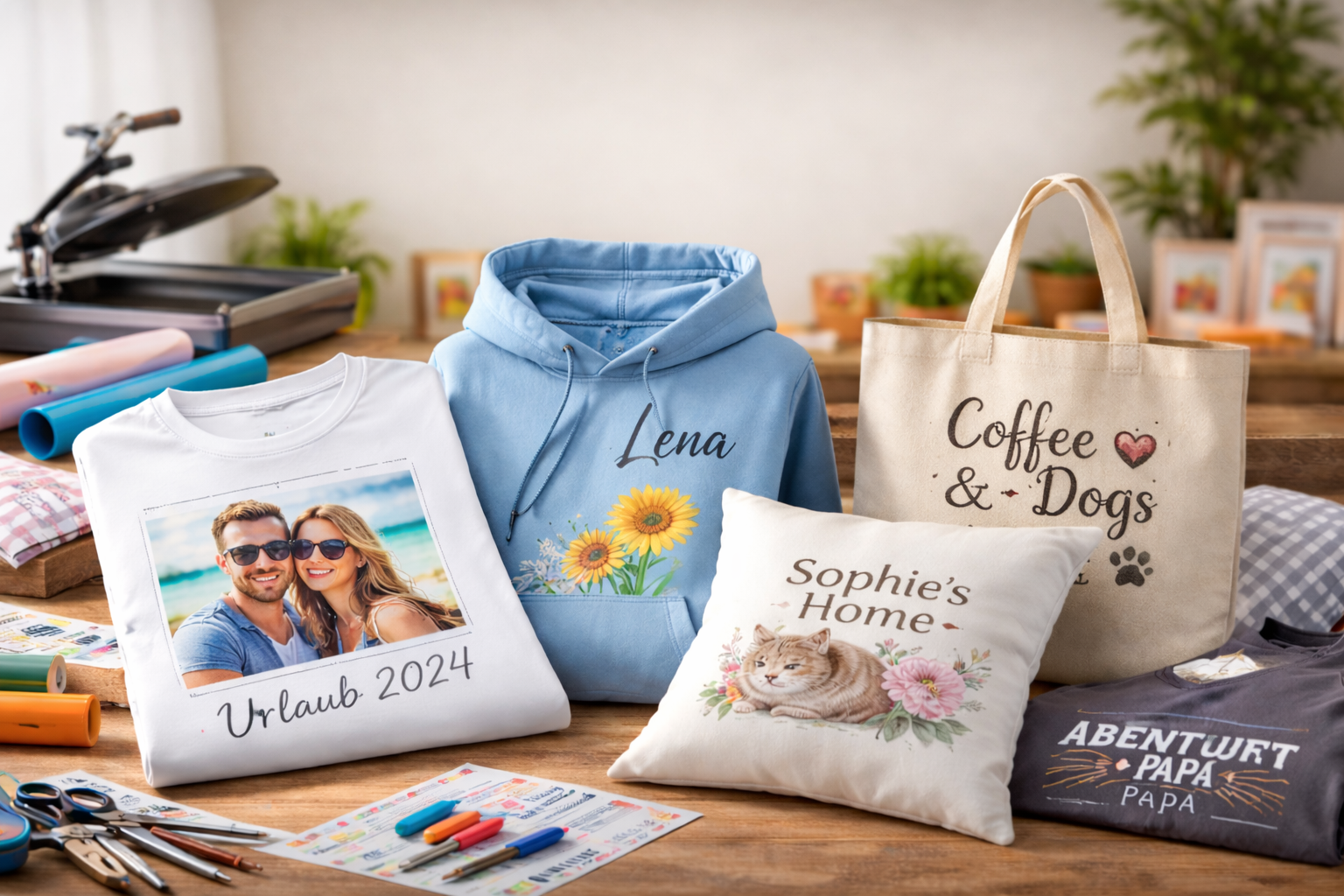 Personalisierte Geschenke und bedruckte Gebrauchsgegenstände für den Sommerurlaub, inklusive T-Shirt mit Urlaubsfoto, blaue Hoodie mit Sonnenblumen, Kissen mit Katze, Stofftasche mit 'Coffee & Dogs'-Aufdruck, und weitere kleine Gegenstände auf einem Holztisch.
