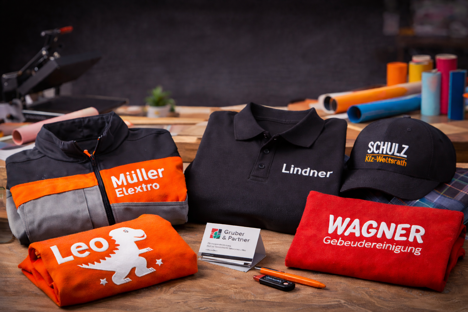 Arbeitsutensilien und Kleidung mit Firmenlogos auf einem Holztisch, im Hintergrund Werkzeuge und Materialrollen.