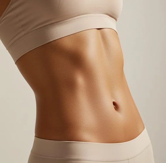 Close-up of a toned female abdomen in a beige sports bra and matching bottoms.