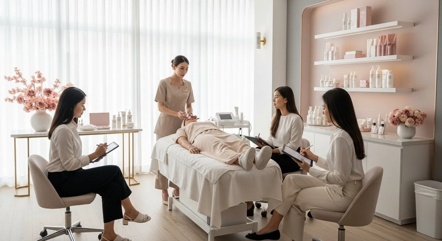 A group of women in a spa or beauty treatment room, with a woman lying on a treatment bed and three women taking notes, while a professional performs a facial or skincare treatment.