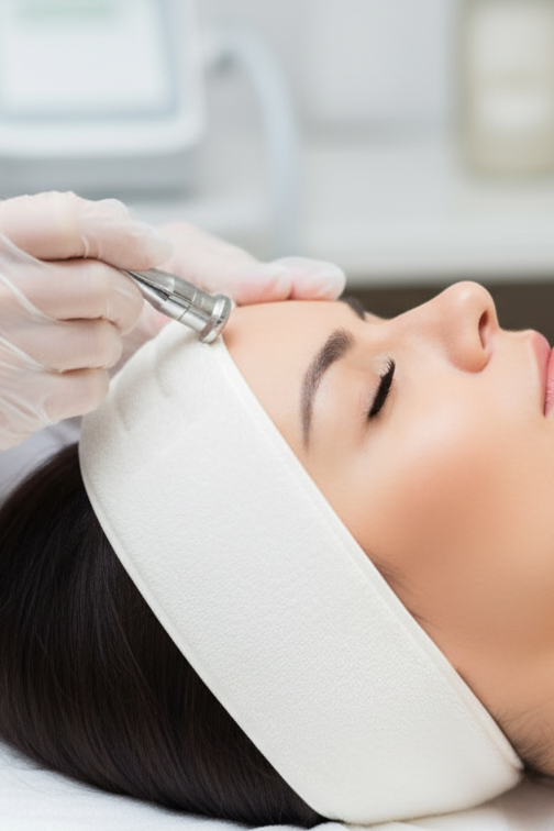 A woman receiving a cosmetic treatment on her forehead with a handheld device, lying on a treatment bed with her eyes closed and wearing a white headband.