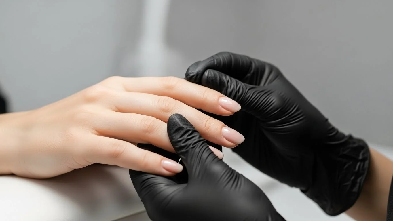 A person receiving a manicure from a technician wearing black gloves, focusing on the technician shaping or applying polish to the client's fingernails.