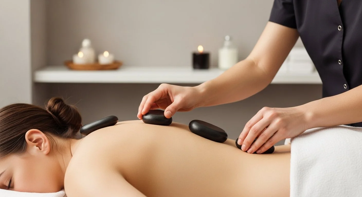 A woman receiving a hot stone massage on her back from a massage therapist in a spa setting.