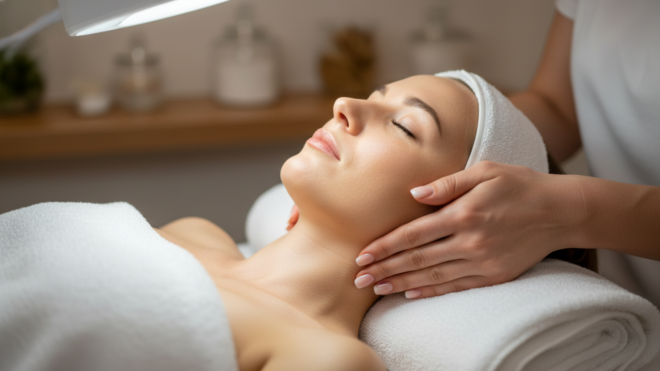 A woman receiving a facial massage at a spa, with her eyes closed and a towel wrapped around her head.