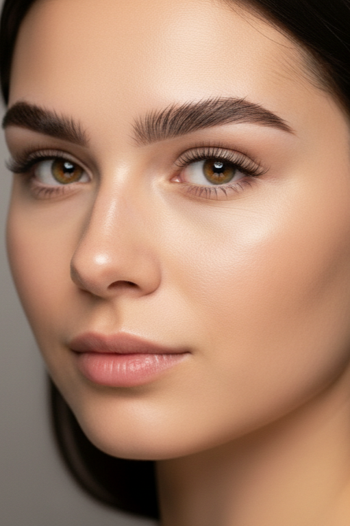 Close-up of a young woman with clear skin, light makeup, well-groomed eyebrows, and hazel eyes.